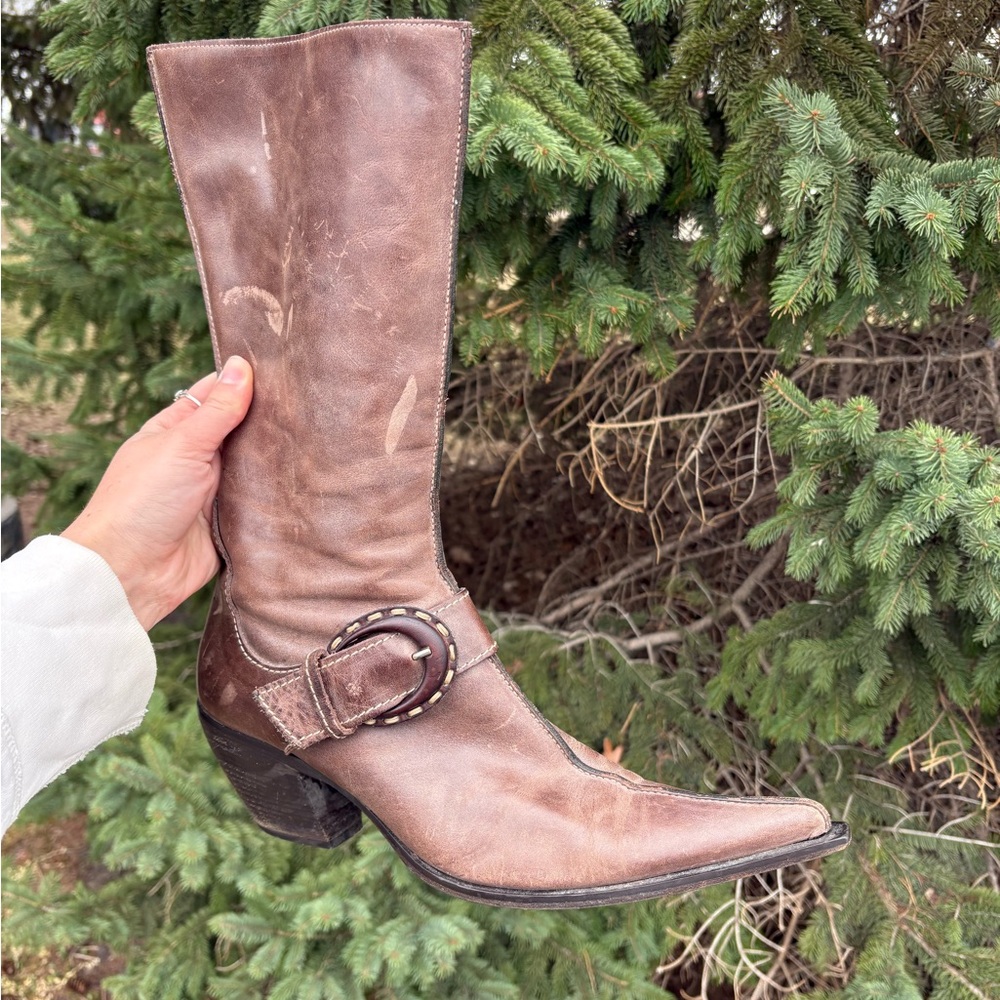 Women’s Distressed Brown Leather Mid-Calf Western Boot with Buckle Strap